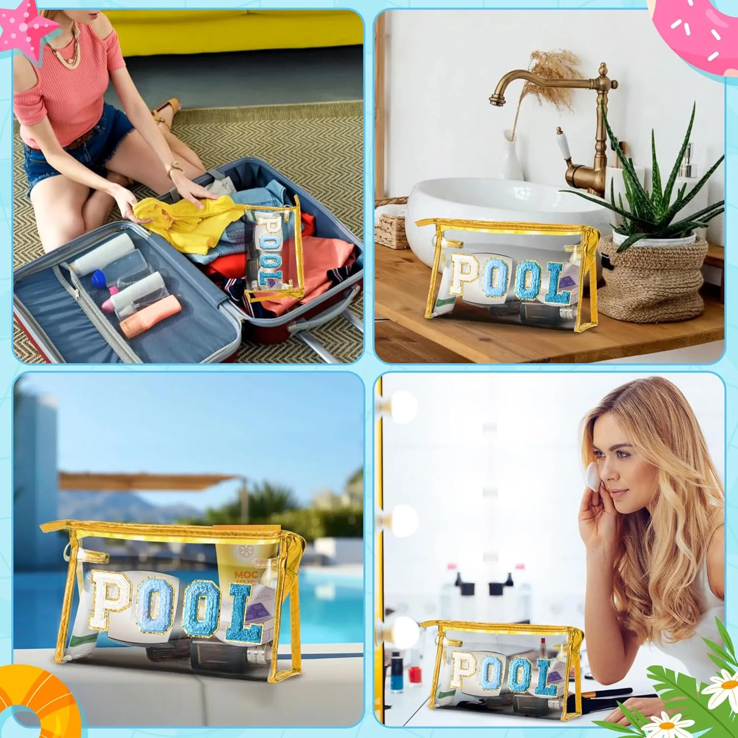 Y1tvei Clear POOL Makeup Bag - Preppy Blue POOL Chenille Varsity Letter Sunscreen Cosmetic Pouch PVC Transparent Zipper Waterproof Beach Pool Summer Travel Toiletry Organizer for Swimmer Women(Gold)