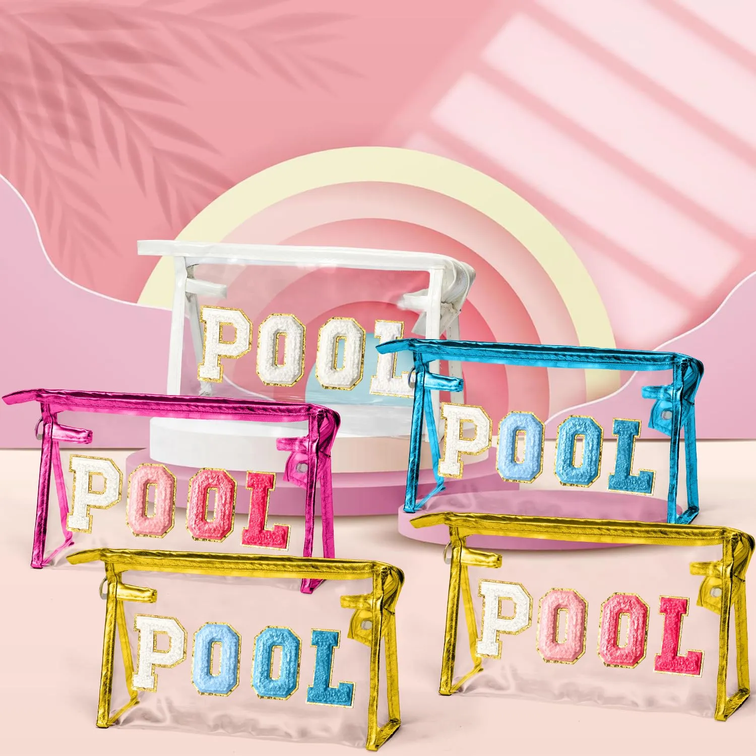 Y1tvei Clear POOL Makeup Bag - Preppy Blue POOL Chenille Varsity Letter Sunscreen Cosmetic Pouch PVC Transparent Zipper Waterproof Beach Pool Summer Travel Toiletry Organizer for Swimmer Women(Gold)