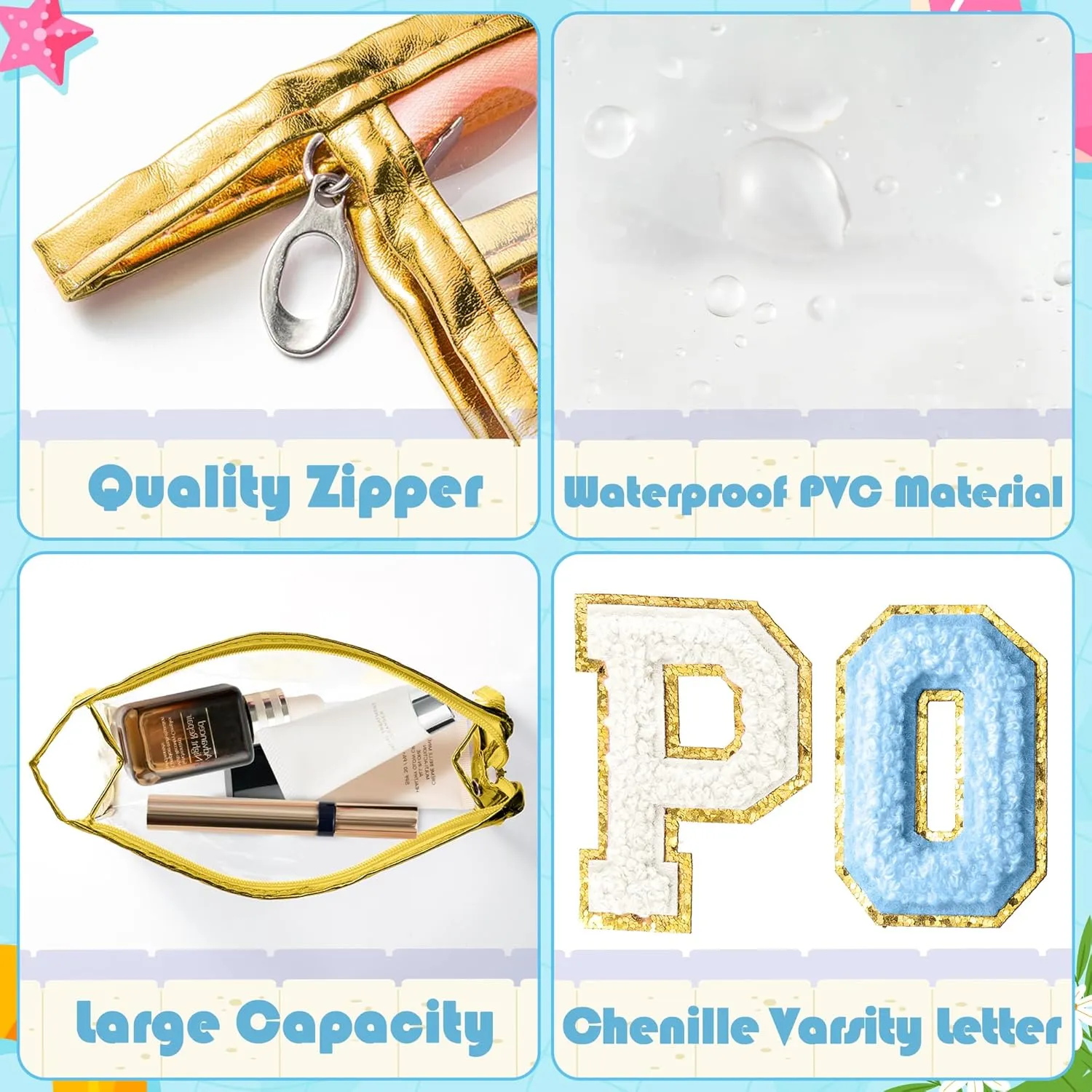 Y1tvei Clear POOL Makeup Bag - Preppy Blue POOL Chenille Varsity Letter Sunscreen Cosmetic Pouch PVC Transparent Zipper Waterproof Beach Pool Summer Travel Toiletry Organizer for Swimmer Women(Gold)