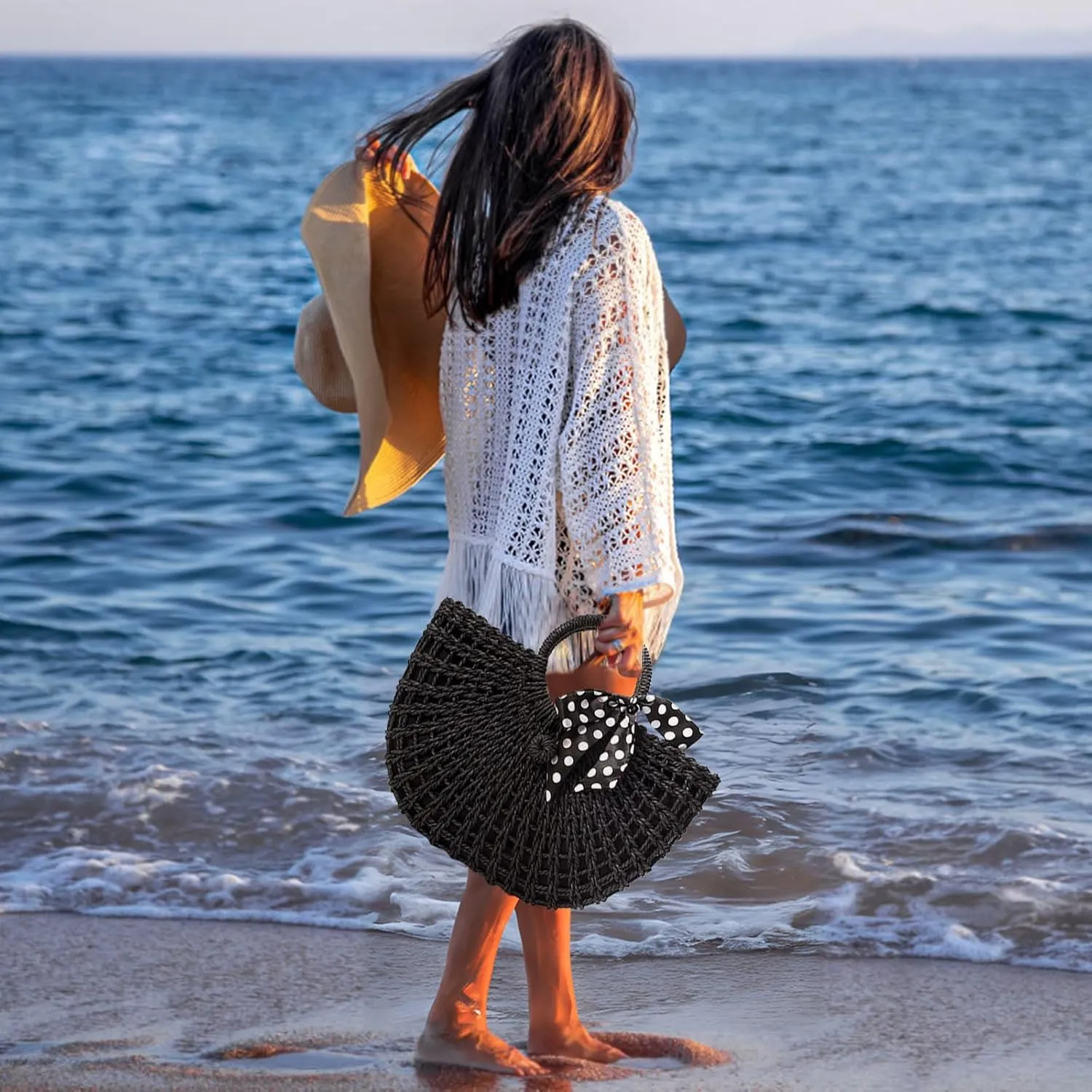 YYW Straw Bags for Women,Hand-woven Straw Top-handle Bag with Round Ring Handle Summer Beach Rattan Tote Handbag