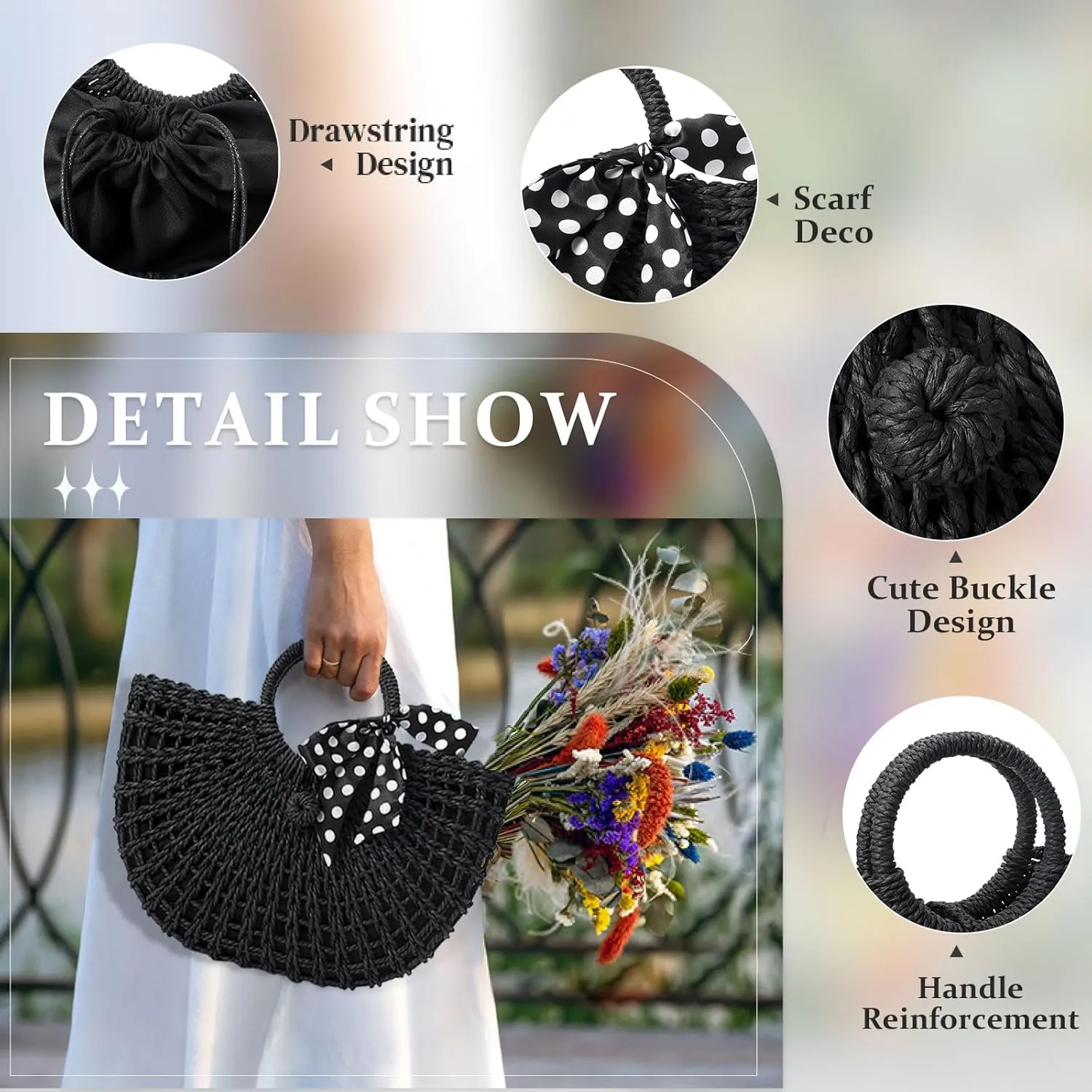 YYW Straw Bags for Women,Hand-woven Straw Top-handle Bag with Round Ring Handle Summer Beach Rattan Tote Handbag