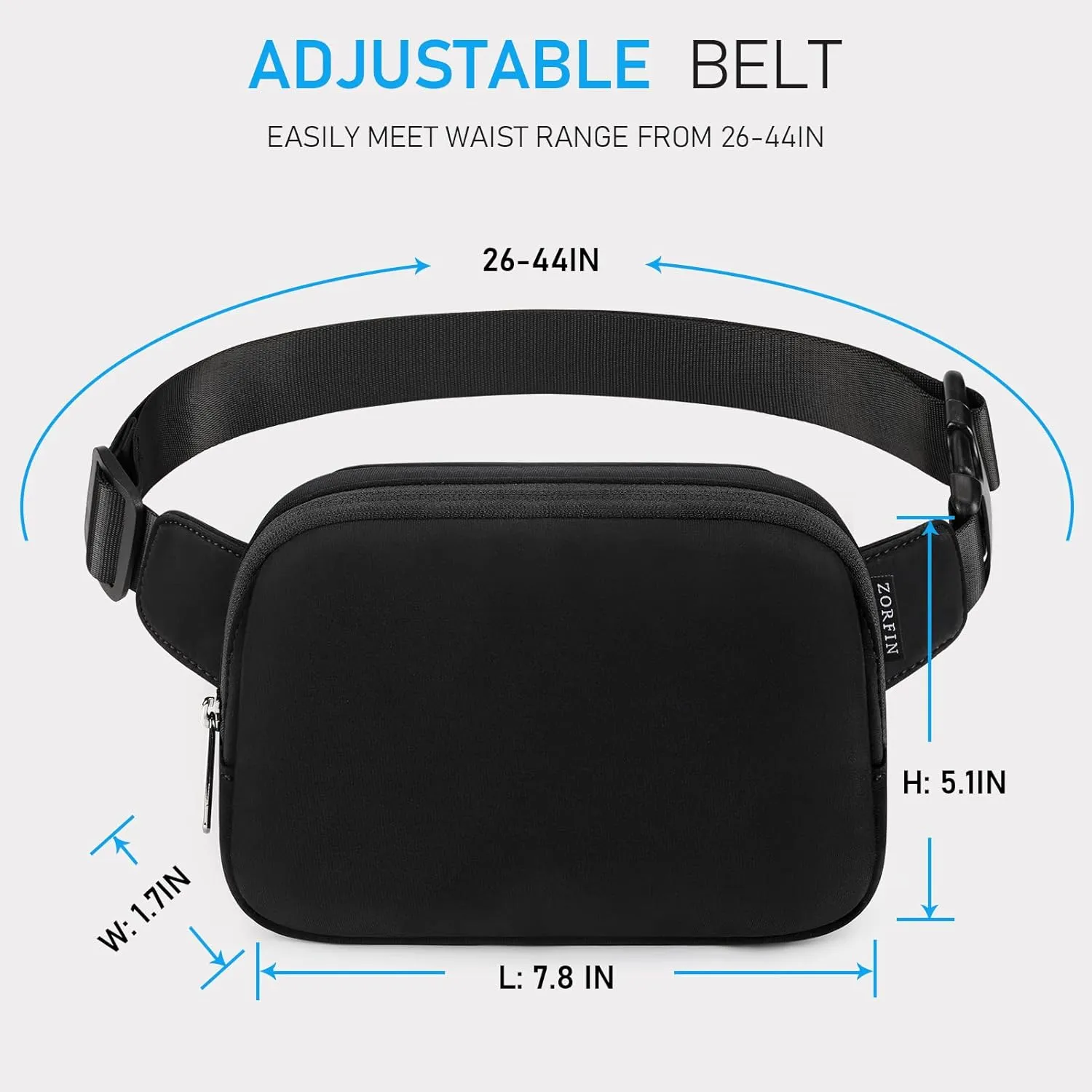 ZORFIN Belt Bag for Women Men Fashionable Crossbody Fanny Packs for Women with Adjustable Strap for Hiking Running TravelBlack